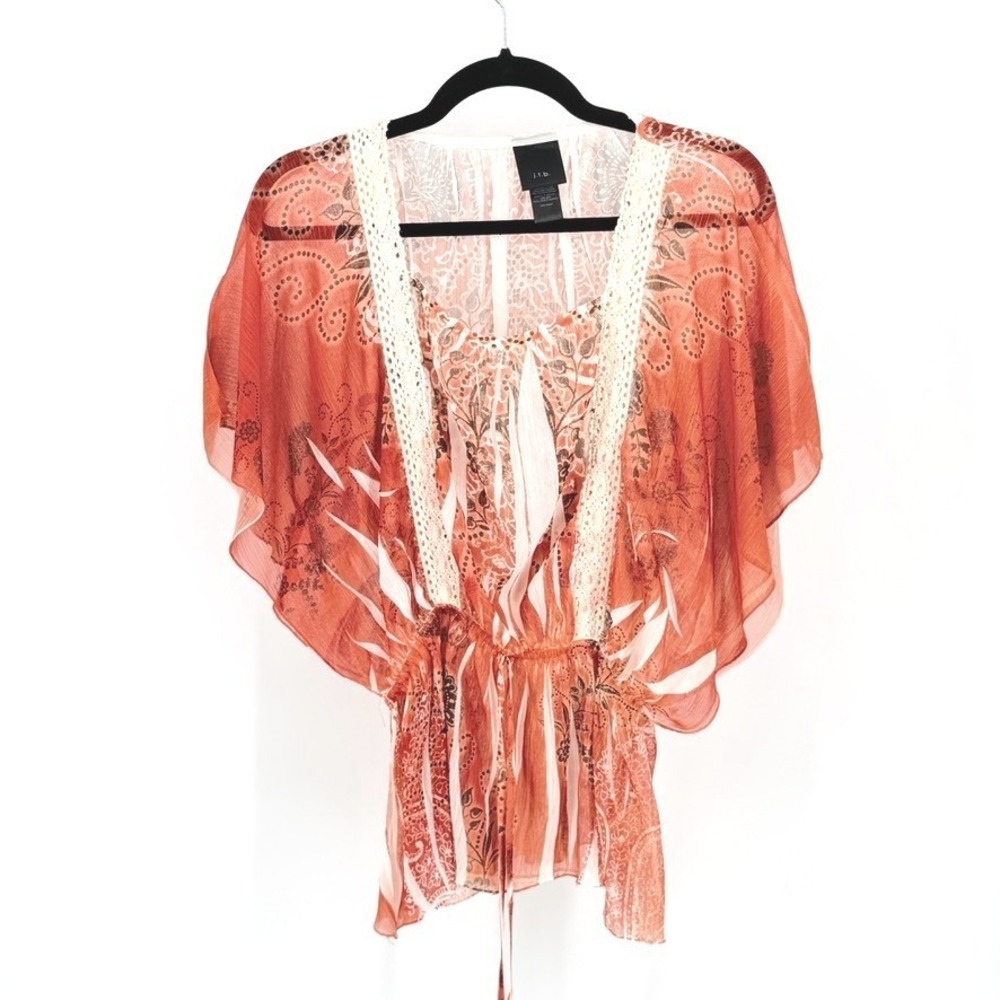 Paisley Floral Flutter Sleeve Orange Boho Peplum Medium Blouse Top Fairy y2k